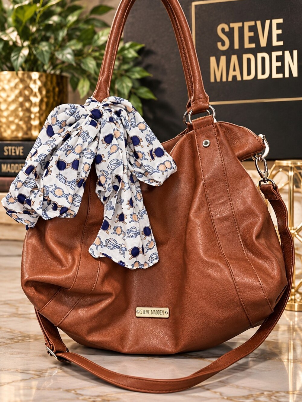 Steve Madden Brown Leather Hobo Bag with Patterned Scarf In Preloved Condition